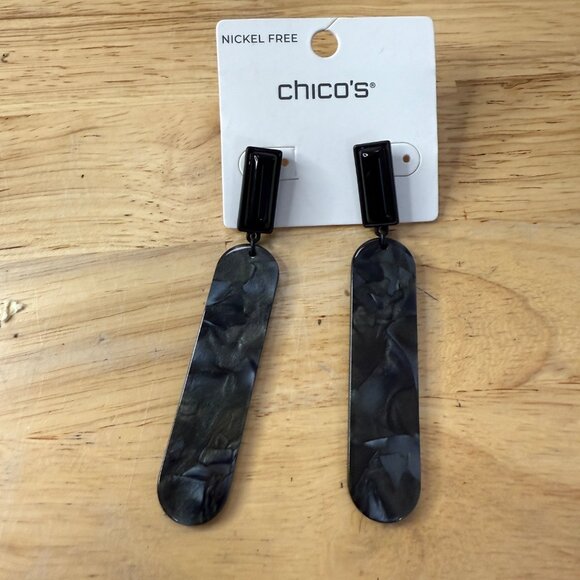 Chicos Long Dangle Earrings Nickel Free Black/Gray Resin With Black Stud Posts - Picture 3 of 7